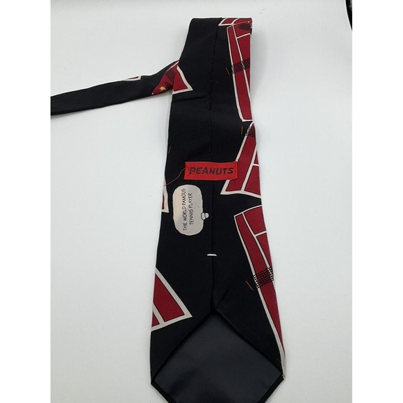 VTG Peanuts Snoopy Woodstock Tennis Mens Tie Red Black 100% Silk Cartoon Comics - Picture 2 of 4
